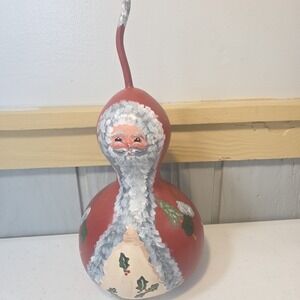 Hand Painted Red Primitive Old World Folk Art Santa Clause Christmas Gourd